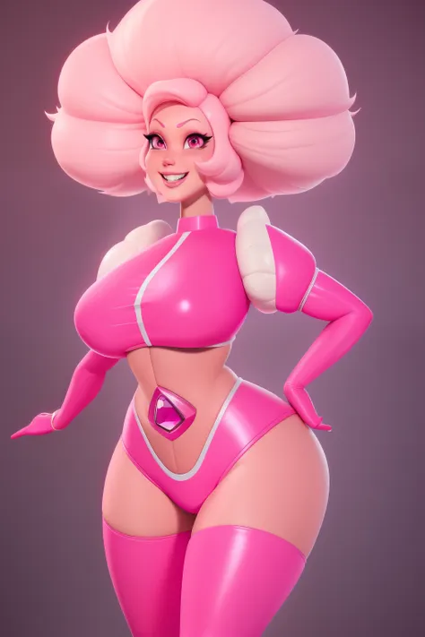 pnkdamond, pink hair, pink eyes,  big hair,  stomach gem,  pink skin,  toned, 
puffy short sleeves, elbow gloves ,  white thighh...