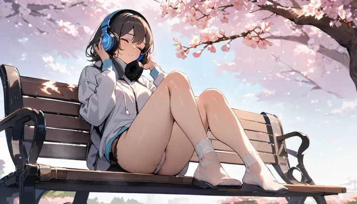 ((best quality)), ((masterpiece)), (detailed), perfect face, sitting under the cherry blossom tree, listening to music, One woman, wearing headphones, eyes closed, wearing underwear, underwear is transparent, sitting on a bench, sitting with legs apart
