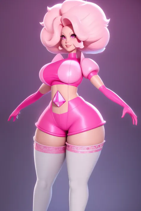 pnkdamond, pink hair, pink eyes,  big hair,  stomach gem,  pink skin,  toned, 
puffy short sleeves, elbow gloves ,  white thighh...