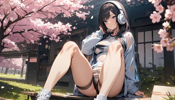 ((best quality)), ((masterpiece)), (detailed), perfect face, sitting under the cherry blossom tree, listening to music, One woman, wearing headphones, wearing underwear, underwear is transparent, sitting with legs apart, Wear tight clothes