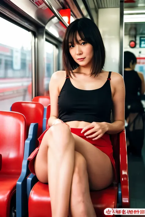 in the train、Wearing a tank top with no bra、In a red miniskirt, she crosses her legs and shows her crotch without panties while giving a blowjob４０Japanese mature beauty in her twenties