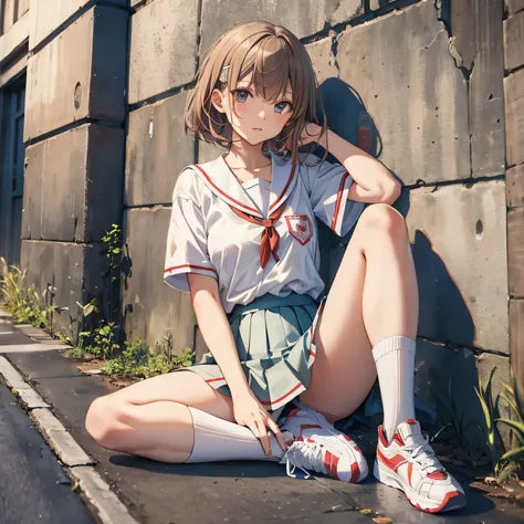 masterpiece, highest quality, High resolution, Misaka Mikoto Beautiful legs Misaka Mikoto Uniform High school student Short pants Inner skirt Super beautiful skin White loose socks Highway Short hair Angry