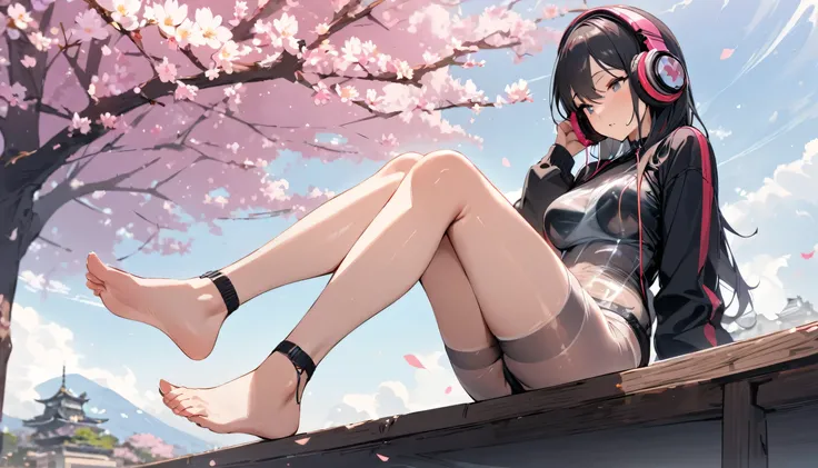 ((best quality)), ((masterpiece)), (detailed), perfect face, sitting under the cherry blossom tree, listening to music, One woman, wearing headphones, wearing underwear, underwear is transparent, sitting with legs apart, Wear tight clothes