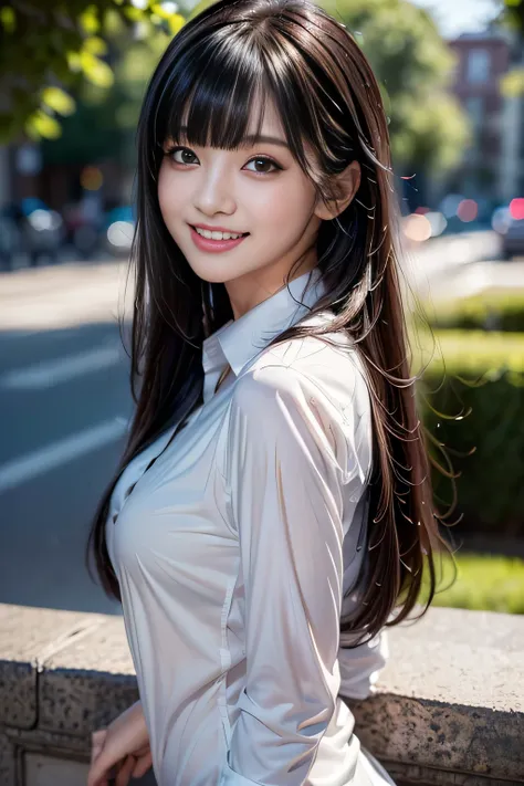 face,(elegant beautiful shirt),((1girl,cute,young,semi long beautiful black hair,blunt bangs,beautiful eyes)),(solo),((masterpiece, highest resolution,best quality)), ((realistic:1.5,Beautiful girl RAW photo)), (looking at the viewer), innocent lovely laug...