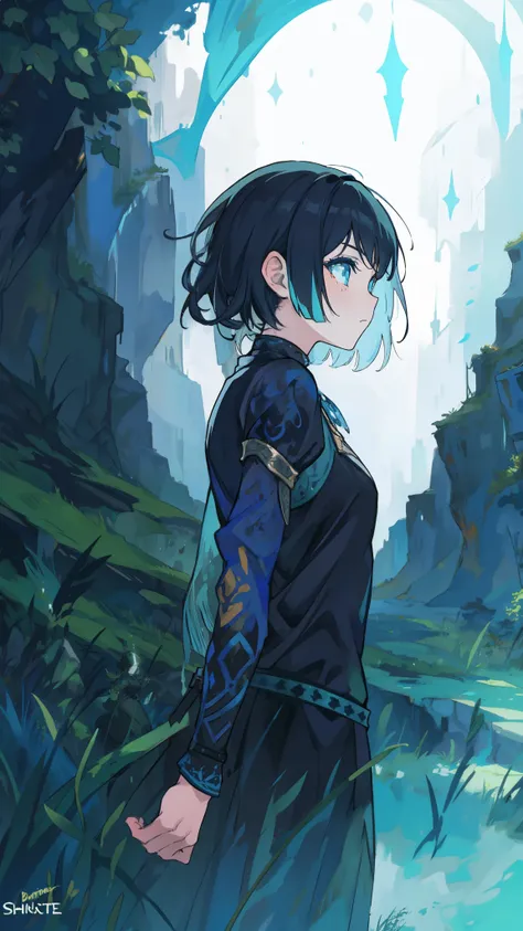 A poignant depiction of a girl adolescent figure sporting a striking face tattoo, banshee outfit, backdrop, misty grass field, by Makoto Shinkai, blue and black clothes, infusing the scene with a sense of melancholic beauty. fantasy world, dark background,...