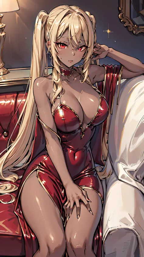 (masterpiece:1.2, best quality), (Nightlounge:1.3, loungegirl:1.3, Sequined Velvet Split Dress:1.2), , sit, blonde, twintails, red eyes, open collabone, darkskin, Sit shallowly on the bright red leather sofa、drink alcohol、Red face