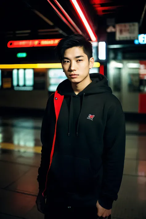 (Cinematic Aesthetic:1.4) Full body shot of a serious and young Asian man, wearing a dark hoodie sweater, posing in a very dark subway station with red neon lights with a fast passing train.  