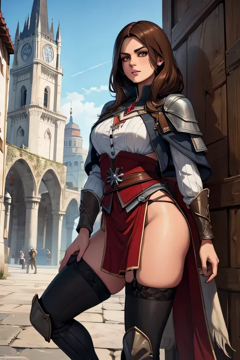 La mujer, Стиль Assassins Creed, ropa corta, poca ropa, botas hasta la rodilla, Pulseras en las piernas, Ciudad medieval al fondo, Renacimiento, muy detallado, Realistic long-term photography., 4k, pelo largo, brown hair, By the chestnut, labios rojos, Chi...