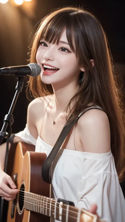 (RAW Shot: 1.5, Photorealistic: 1.5, 8k, Top Quality, Masterpiece, Ultra High Resolution), , Detailed Skin and Face Texture: 1.3, A girl in a dreamlike state, playing the guitar with passion. She has long, vibrant hair cascading down her shoulders, dressed...