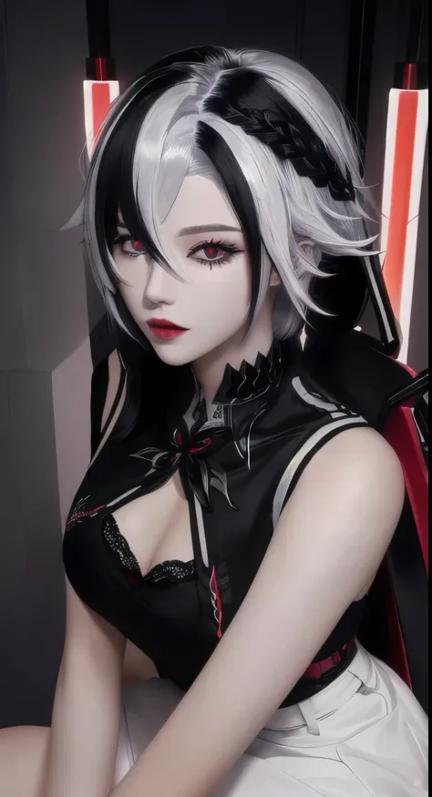 white hair，black hair，colorful hair，short hair，straight hair，white hair long braid，glowing red eyes，red x pupil（focus），