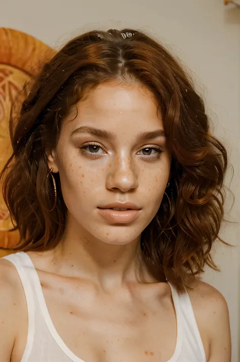 beautiful white girl with fine facial features, long curly orange afro, white complexion , freckles, big nose, strong jawline, brown eyes, 21 years old