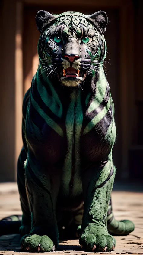 ((best quality: 1.2)) ((masterpiece, extremely intricate:1.3)), soft focus, professional, (((green furred gigantic panther, roaring)), photorealistic, hyper-realistic, 8K