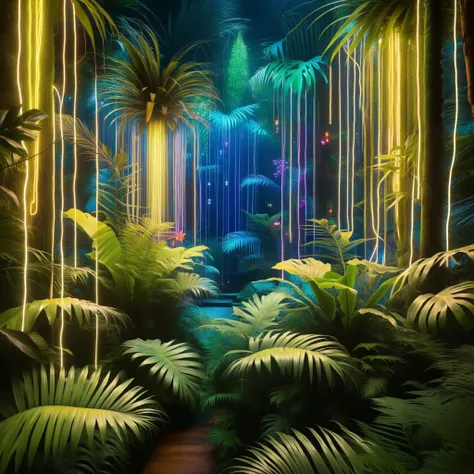 in a lush, overgrown rousseau-style jungle, bioluminescent christmas lights dangle from exotic, ai-generated flora as a hypnotic...