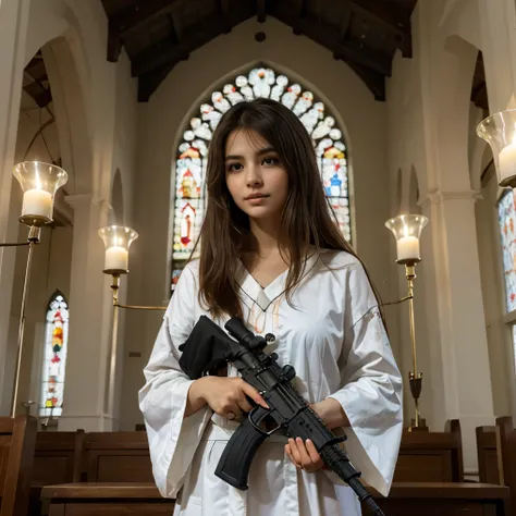 (highest quality、4k、8k、High Resolution、masterpiece:1.2)、Super detailed、(Real、Photorealistic、Photorealistic:1.37)、A young and very beautiful nun、(((Hide hair:1.4)))、View your viewers、Standing pose、At the altar of the chapel、(Carrying an OTs-14 Groza assault...