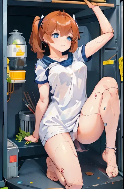 A Female robot is sleeping in a fridge, spread legs, nude, banzai pose. she wears no dress. She Brown short hair is tied with two big red clothespins, She lifts up the under hem of her white plain dress, leaning over, masterpiece, very short pigtails,brown...