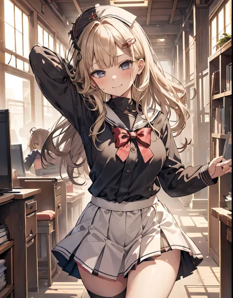 masterpiece, 1girl, sparrow, a blonde haired girl, wearing a black sailor clothes, curly long hair, messy hair, slim body, he close her left eye, shirt ornament, ruby eyes, ahoge, baby face, bige breast, beautiful breasts, rounded breasts, long sleeves, be...