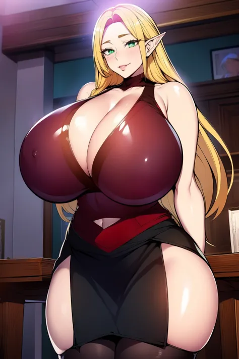 An anime-style artwork depicting Kousaka Shizuru from the game Honkai star rail.

Tags: Kousaka Shizuru, anime, detailed eyes, detailed lips, ass, bare shoulders, (blonde hair:1.4), (black skirt suit:1.1), cleavage, pencil skirt, miniskirt,curvy, thighs, h...