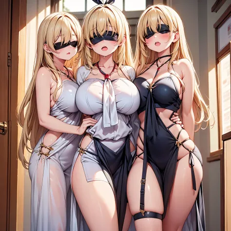 highest quality,wonderful,finely,extremely detailed CG Unity 8K wallpaper, (Stand in line:1.2), (3 girls, blonde, clothed), (huge breasts:1.2), (under boob),(open mouth:1.1), (long tongue:1.1), (mouth drool:1.1), (black stockings:1.1),(Thighs:1.2),(Waistli...