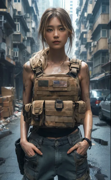 8K, realistic photo, realistic skin texture, Beautiful Japanese women in the US military、In front of a building in an American back alley、Operation End、rubble、、Bulletproof vest、Standing with hands on chest、despair、Stunned、fatigue、memorial、backpack、boots、Co...