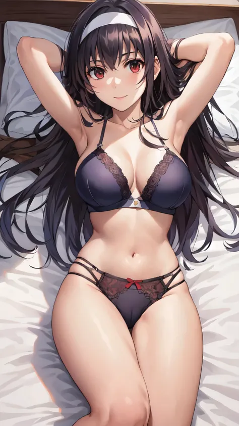 (masterpiece, highest quality), One girl,(lie on ones back:1.5), (18-year-old:1.4),lying,anime,(Aesthetic Anime Eyes:1.3),Smile,alone, Long Hair, (Black Hair), Long Straight Hair,Red eyes, (large breasts),White hair band, bangs,Bedroom,bed,(arms behind bac...