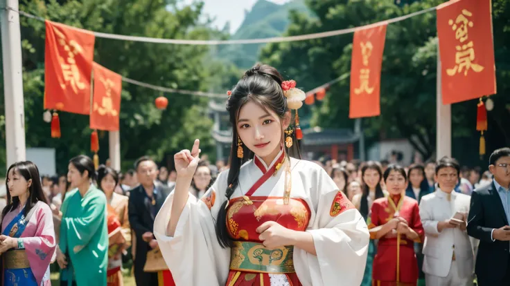 People in traditional Chinese costumes walk through the crowd, A portrait inspired by Miao Fu, Pixel, Happening, Chinese Ribbon Dance, gujian, Yunnan Yi Nationality, Traditionally tailored suits, competition winning, Beautiful images, Wide-angle lens, Wide...