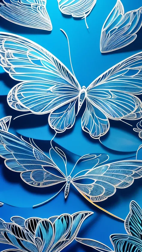 best quality, super fine, 16k, incredibly absurdres, extremely detailed, delicate, flashy and dynamic depiction, intricately drawn blue butterfly wings, all-blue artwork, gradients, line art, iridescence, petal frames