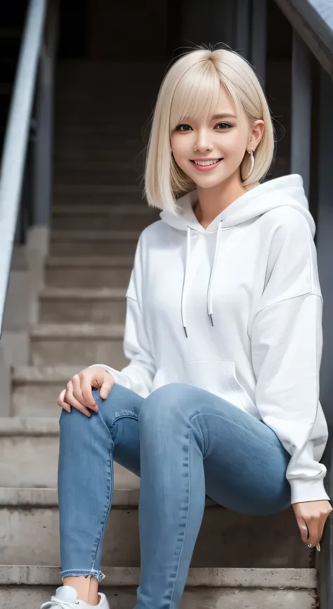 highest quality, Realistic, Very detailed, The finer details, High resolution, 8k wallpaper, One beautiful woman,Sit on the stairs、 Oversized hoodie, Skinny jeans, White sneakers, Platinum Blonde Hair, hairstyle semi long、Beautiful Bangs、Ear piercing、smile...