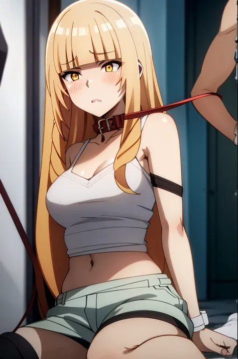 ((collar,leash,tied up,bondage,scared expression)),1Girl, solo,yellow eyes, blonde hair,,shorts,top-tank
