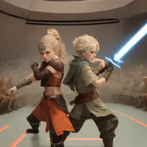 [star wars],(fight),(two lightsaber),(boy jedi vs girl sith fight),looking in the camera,beautiful detailed 4k,beautiful detailed face,masterpiece