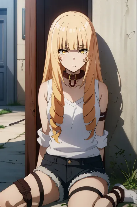 ((collar,leash,tied up,bondage,scared expression)),1Girl, solo,yellow eyes, blonde hair,,shorts,top-tank
