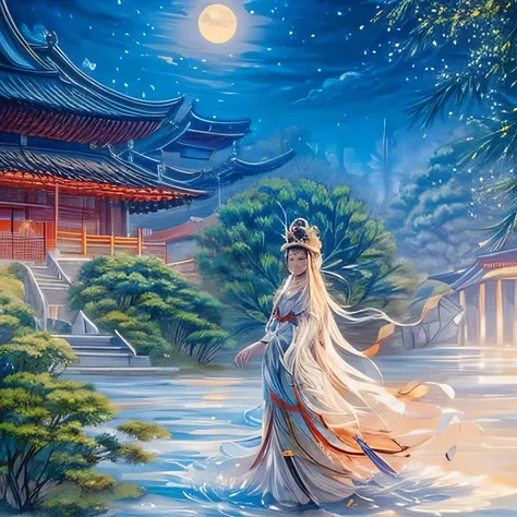 ((best quality)), ((masterpiece)), (detailed) ,
((guanyin,1girl),water,traditional media,jewelry, moon,flowers),
 (xinjin ,chine...