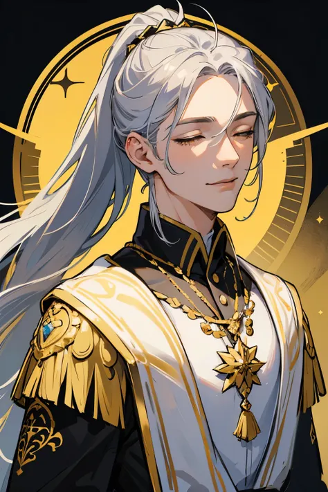 1 male, a men who is twenty-five year old, silver haired male character, silver long hair that extends to mid back in ponytail, half body, high precision, fine, male character, HD face, fine eyes, yellow eyes like the star, fantasy prince clothing, ornate ...