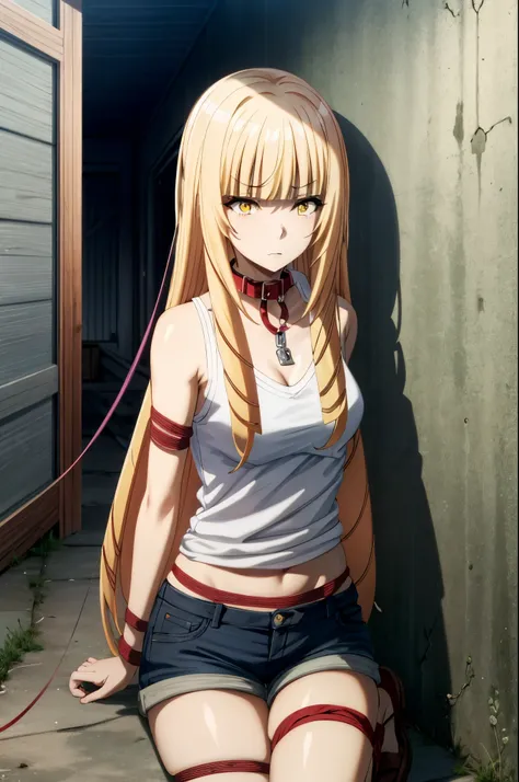 ((collar,leash,tied up,bondage,scared expression)),1girl, solo,yellow eyes, blonde hair,,shorts,top-tank