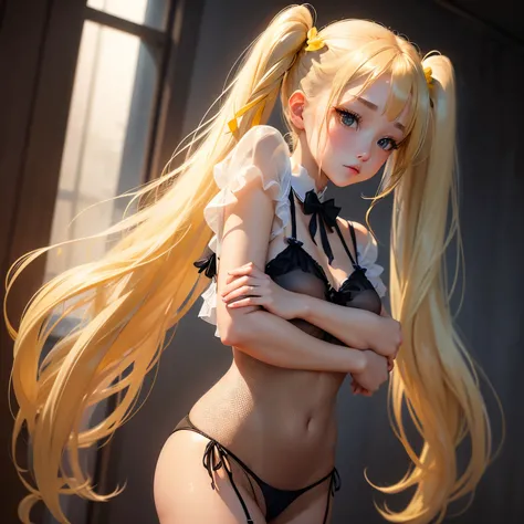 Blonde、Beautiful young woman、Twin tails、Yellow ribbon hair accessory、Realistic beautiful fingers、Black fishnet stockings、Light clothing in summer、Sheer clothing、Attractive clothes、Exposed skin、Transparent panties、Thong、Wet, see-through clothes、