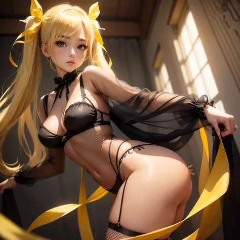 Blonde、Beautiful young woman、Twin tails、Yellow ribbon hair accessory、Realistic beautiful fingers、Black fishnet stockings、Light clothing in summer、Sheer clothing、Attractive clothes、Exposed skin、Transparent panties、Thong、Wet, see-through clothes、