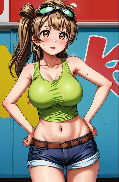 masterpiece, best quality,solo, (cowboy shot), minami kotori, big breasts, wide hips,hand on hip,  white tank top, brown short s...