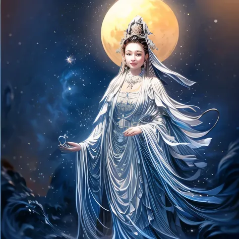 ((best quality)), ((masterpiece)), (detailed) ,
((guanyin,1girl,portrait),water,traditional media,jewelry, moon,flowers),
 (xinj...