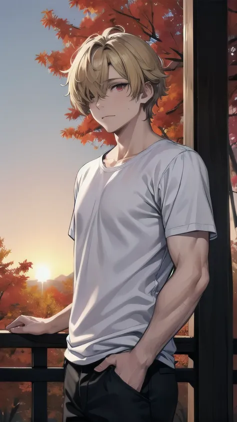 (masterpiece), best quality, hair over one eye, perfect face, mature male, (1boy, man), solo, blond hair, messy hair, muscle growth, short sleeves, white shirt BREAK black pants BREAK standing, red eyes BREAK autumn leaves, autumn forest, sunset sky, :/, o...