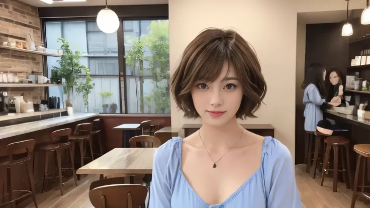 super high quality, Fashion Model, short hair, thin, (8k、RAW Photos、highest quality、masterpiece:1.2), Japanese Idols, Serious expression, Shaggy, Brown Hair, Inside a stylish cafe, Fashion magazine shooting, People having fun at the cafe々Bustling with., (R...