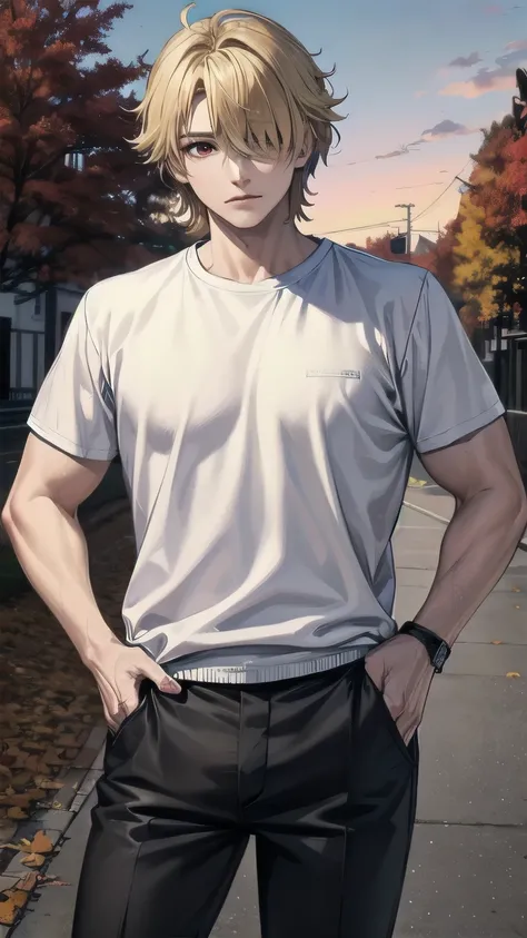 (masterpiece), best quality, hair over one eye, perfect face, mature male, (1boy, man), solo, blond hair, messy hair, muscle growth, short sleeves, white shirt BREAK black pants BREAK standing, red eyes BREAK autumn leaves, autumn forest, sunset sky, :/, o...