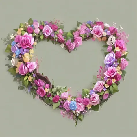 there is a Heart shaped wreath made of pink Roses, Heart Made from flowers, fair image, Artist interpretation, fair, Heart, Made from flowers, fair art, portal made of Roses, Made from flowers and leaves, Rose, There are colorful flowers, bouquet, Made fro...