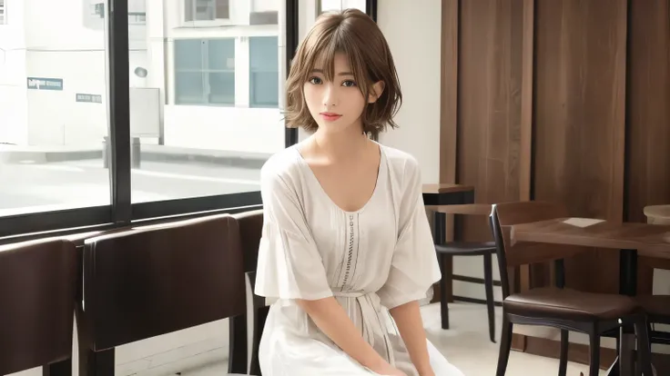 super high quality, Fashion Model, short hair, thin, (8k、RAW Photos、highest quality、masterpiece:1.2), One Japanese idol, Serious expression, Shaggy, Brown Hair, Inside a stylish cafe, Fashion magazine shooting, People having fun at the cafe々Bustling with.,...