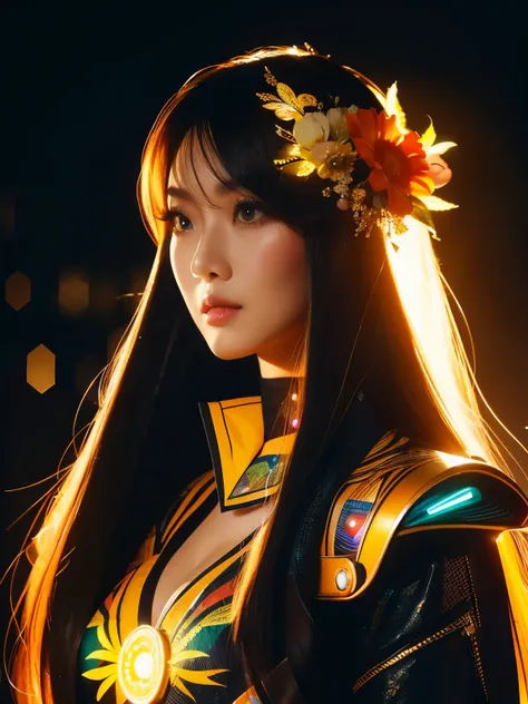 (high quality), (masterpiece), (detailed), 8K, Hyper-realistic digital illustration depicts the (upper body1.3) of a (Japanese woman1.3) with (vibrant yellow hair1.5) and (intense yellow eyes1.5) wearing a (futuristic kebaya1.2) with (intricate batik patte...