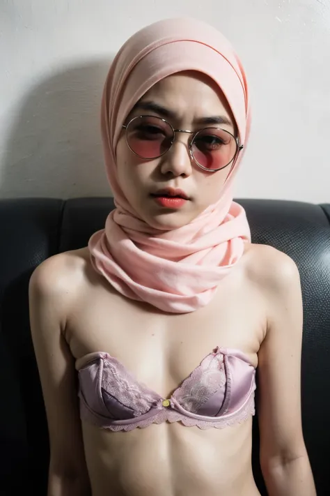 ((Colourful)), ((Big Tits:0.6)), ((Flat Chest:1.6)), Wear sunglasses and act like Rosyam, ((Closed Eyes)), ((Strapless Colourful bra Flat Chest)), Naked, Angry pose, Angry face, (((HIJAB MALAY GIRL))), masutepiece, High quality, UHD 45K, Realistic face, Re...