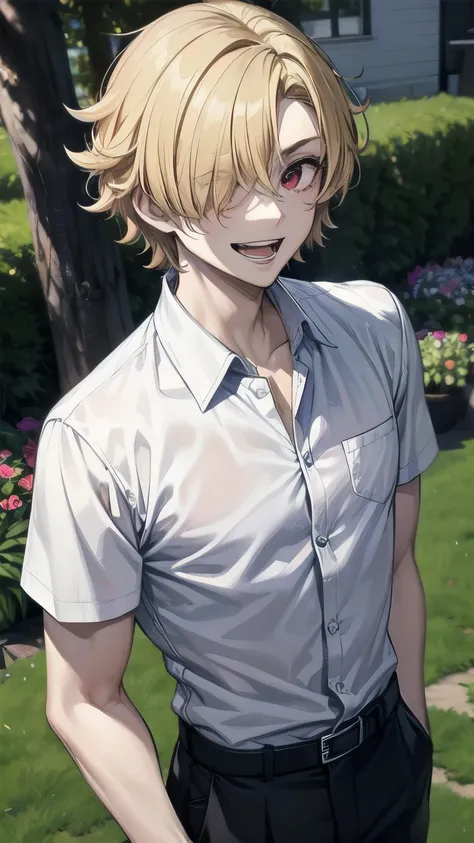 (masterpiece), best quality, hair over one eye, perfect face, (1boy, man), solo, blond hair, messy hair, muscle growth, short sleeves, white shirt BREAK black pants BREAK standing, red eyes BREAK garden, outdoors, cloudy sky, day, smile, looking at viewer ...