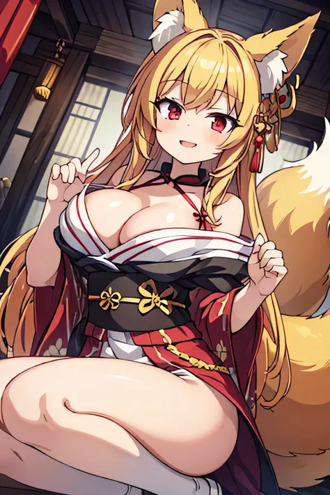 Masterpiece、Big Breasts、Cleavage、Fox ears、Long blonde、Red Eye、kimono、smile