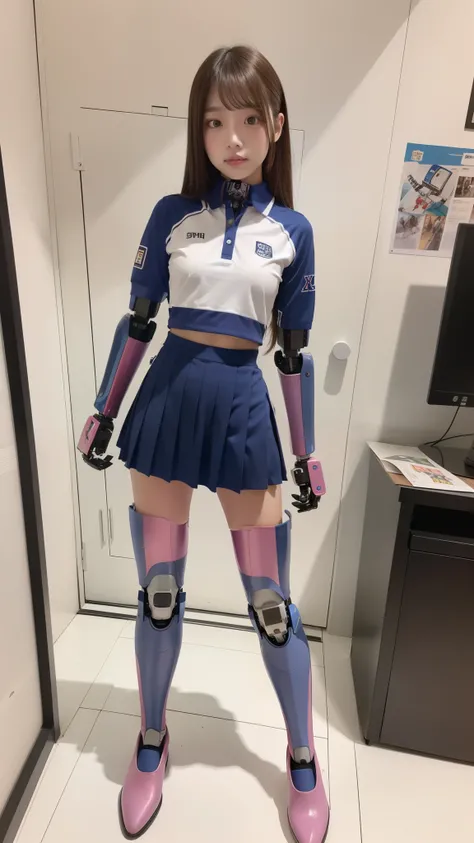 lacrosse uniform, white polo shirt, white pleated skirt, robot