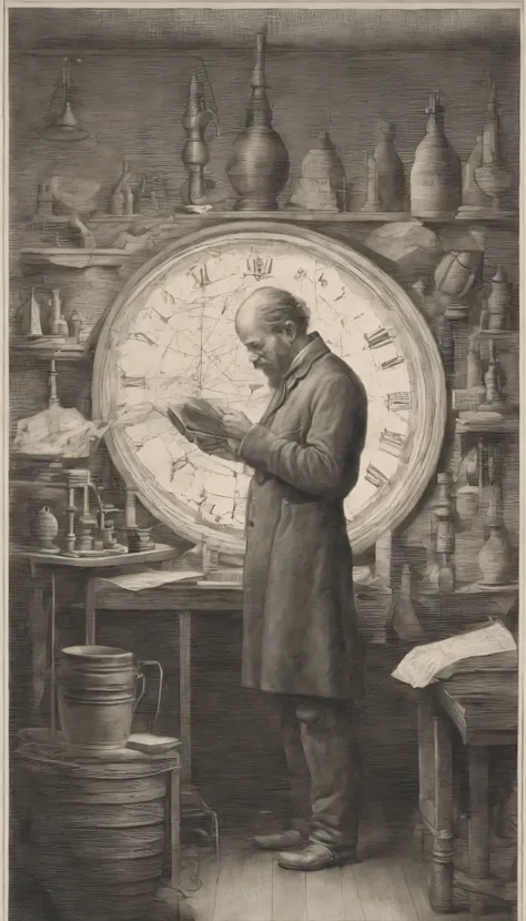 In the middle of a cluttered lab、Wearing thick-framed glasses、A middle-aged scientist with a shaggy beard、He was busy working surrounded by beakers and test tubes.。His workwear is made of grey polyester and synthetic fabrics.、It was covered in dirt and sta...