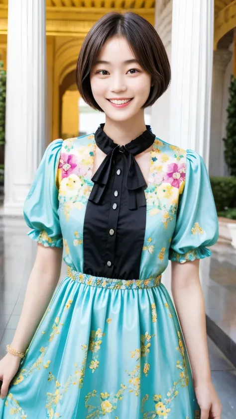 217 Short Hair, 20-year-old woman, A kind smile, Floral, (Colorful Dresses, Luxury palace)