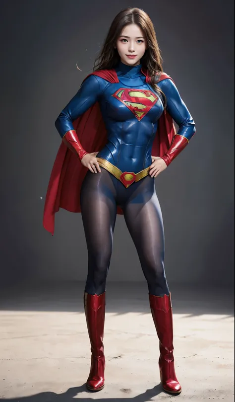 No background、(((Beautiful legs in black tights.)))、(((Legally express the beauty of your smile)))、((((Make the most of your original images)))、(((Supergirl Costume)))、(((Beautiful Hair)))、(((suffering)))、(((Please wear black tights....、Wear red boots)))、(...